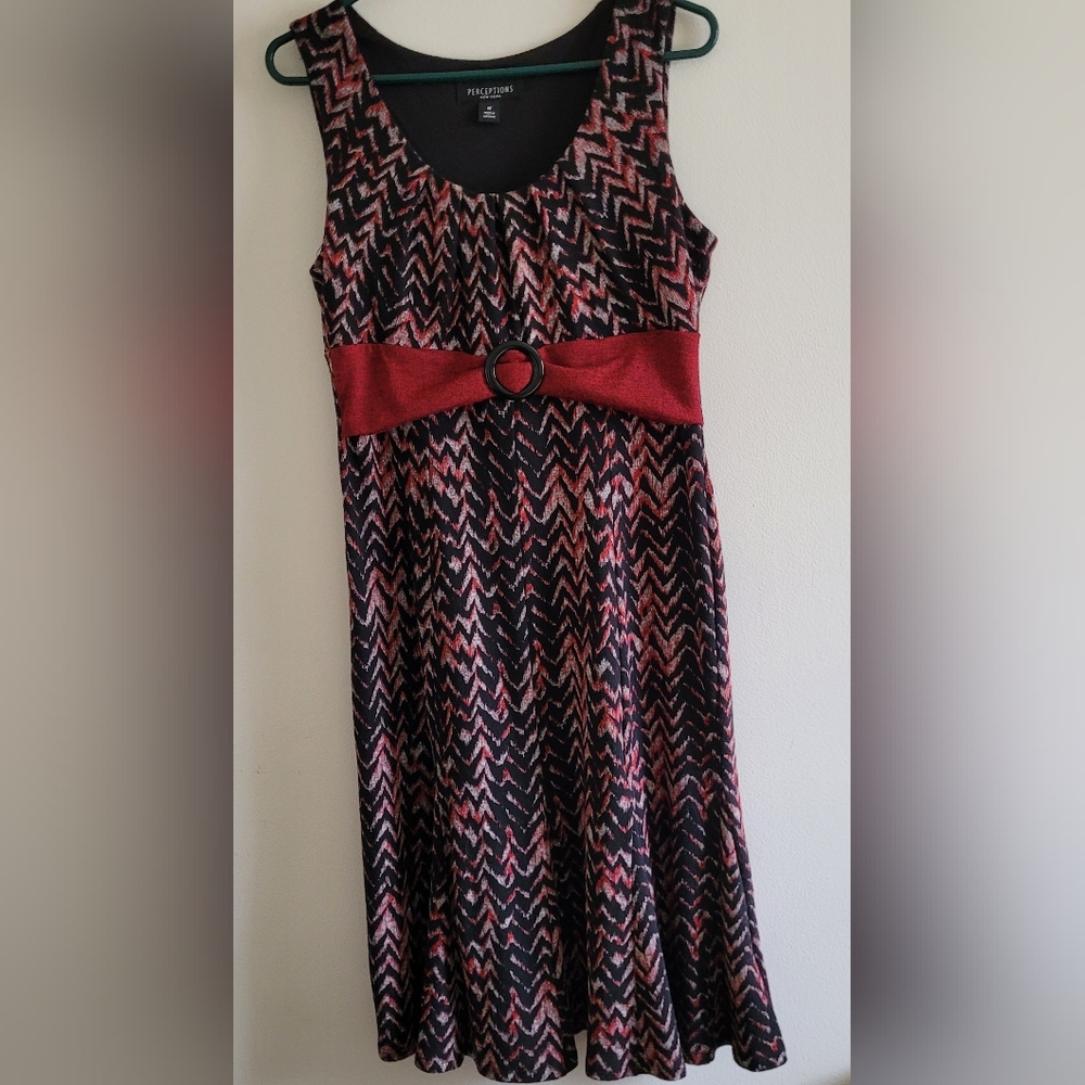 Perceptions Sleeveless Chevron Fit & Flare Dress|Boho Retro Mod|Burgandy Black